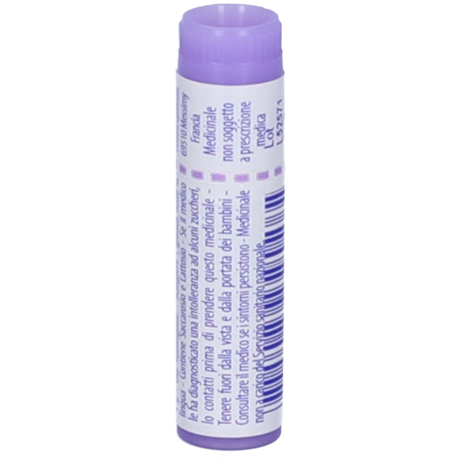 Confezione cilindrica con tappo viola. Scritta: Ambra grisea 30 ch, Granuli, Boiron. Con testo.