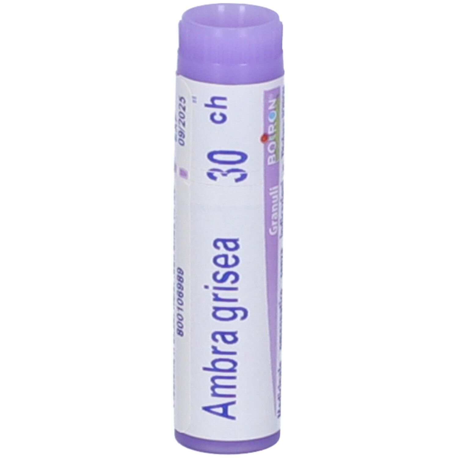Confezione cilindrica con tappo viola. Scritta: Ambra grisea 30 ch, Granuli, Boiron. Con data di scadenza.