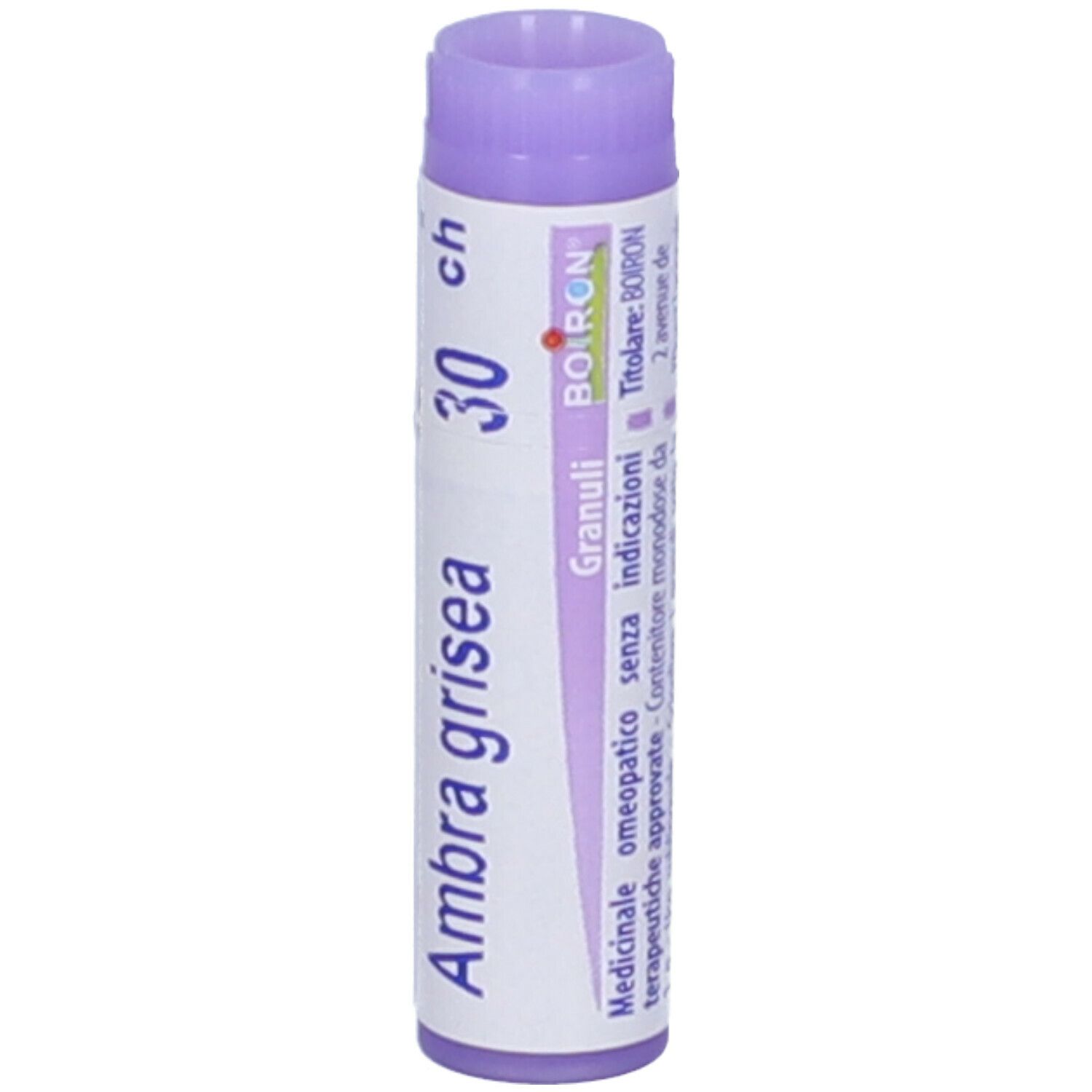 Confezione cilindrica con tappo viola. Scritta: Ambra grisea 30 ch, Granuli, Boiron. Con testo.