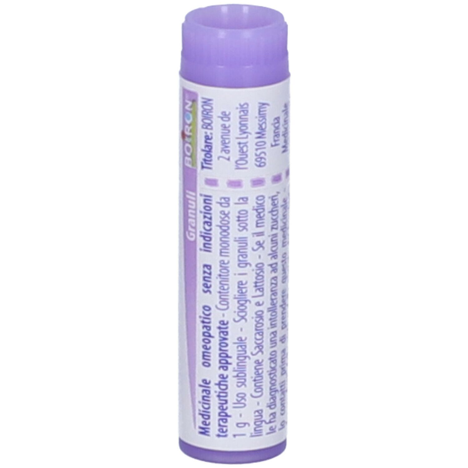 Confezione cilindrica con tappo viola. Scritta: Ambra grisea 30 ch, Granuli, Boiron. Con testo.