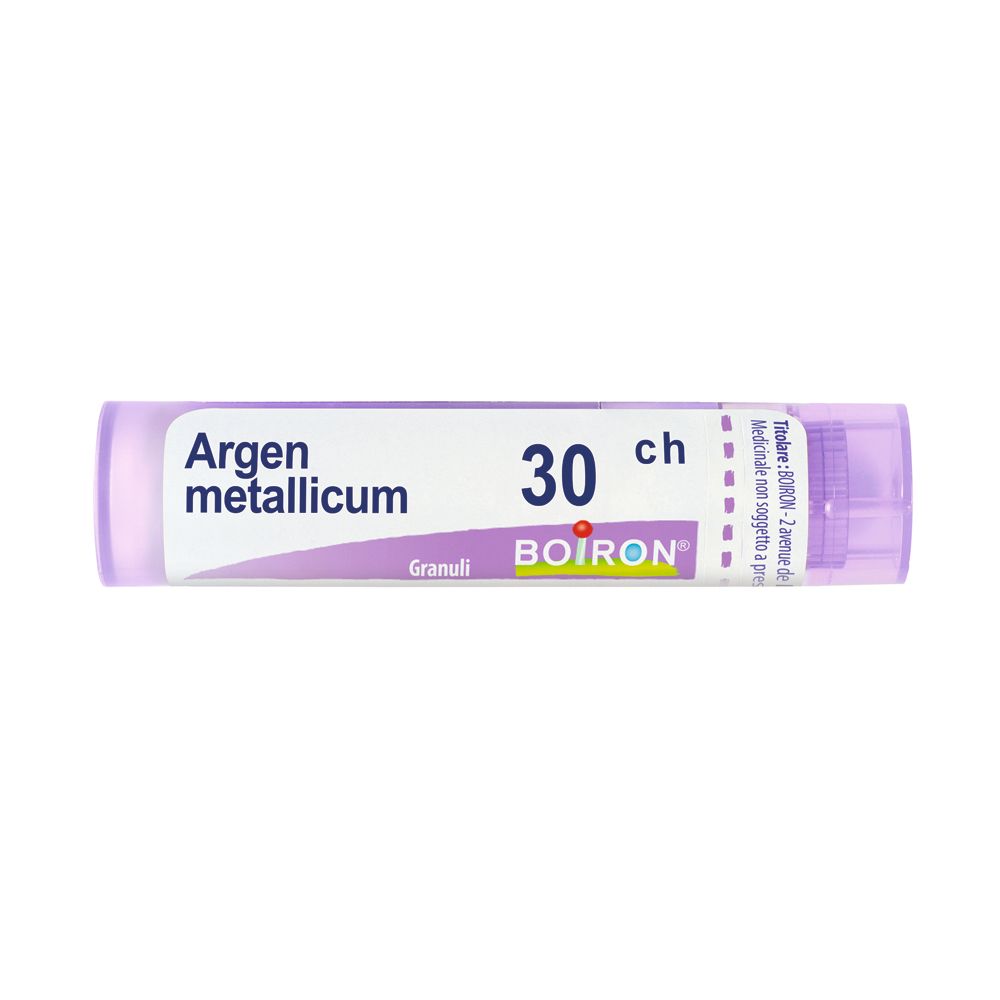 Confezione cilindrica di granuli Argentum metallicum 30 ch, BOIRON. Tappo e scritte viola. Granuli bianchi.