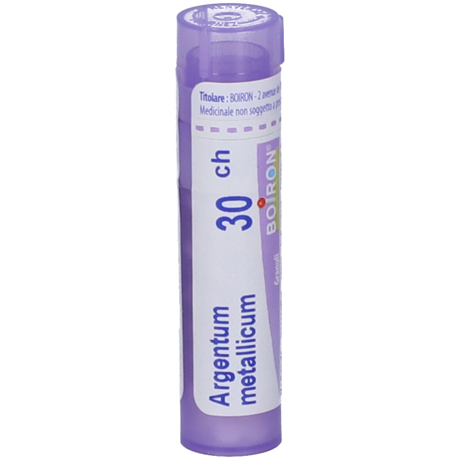 Confezione cilindrica di granuli Argentum metallicum 30 ch, BOIRON. Tappo viola. Vista ravvicinata.