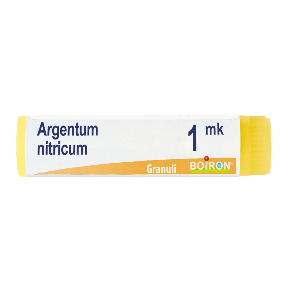 Confezione cilindrica con tappo giallo. Scritta: Argentum nitricum, 1 mk, Granuli, BOIRON.