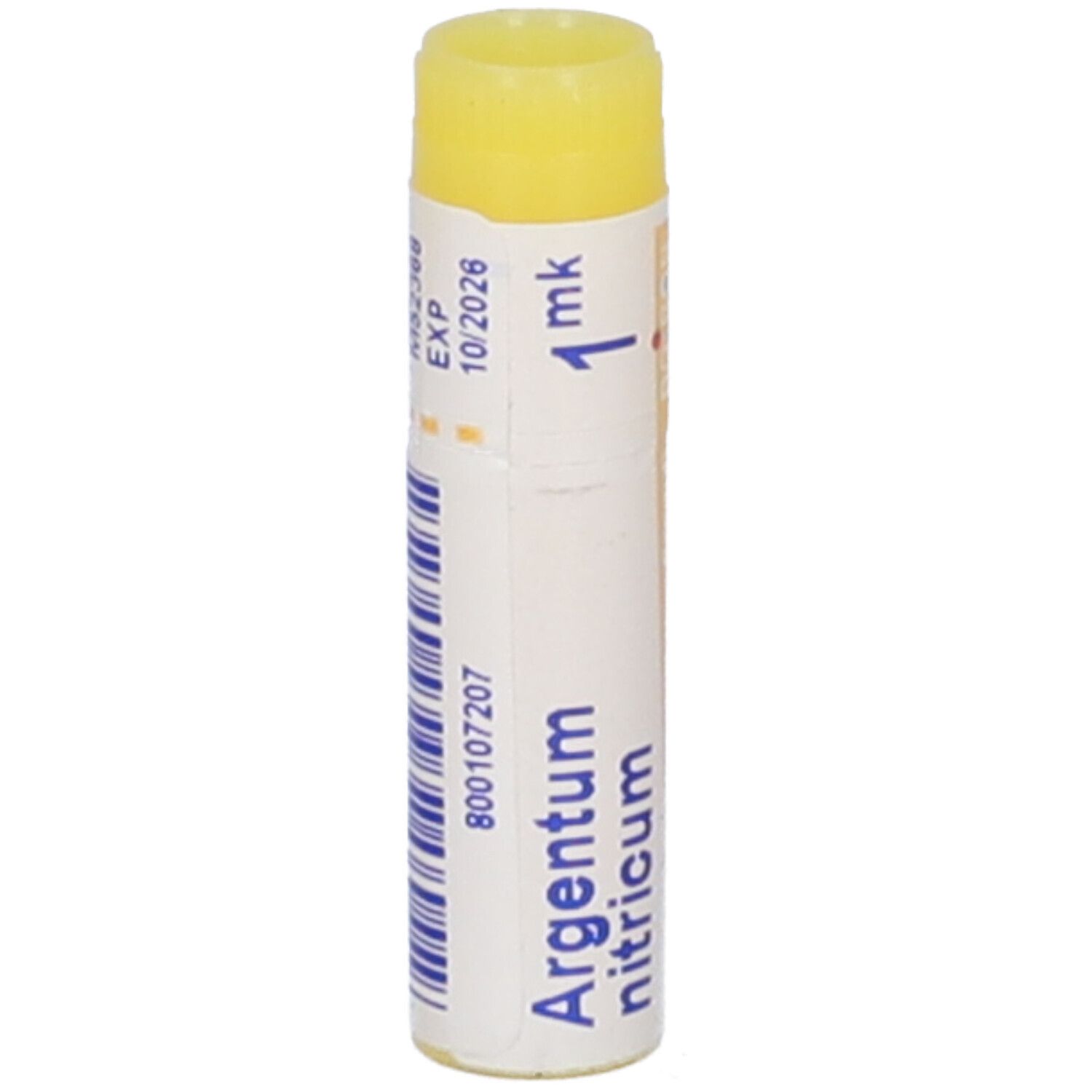 Confezione cilindrica con tappo giallo. Scritta: Argentum nitricum, 1 mk, EXP 10/2026.