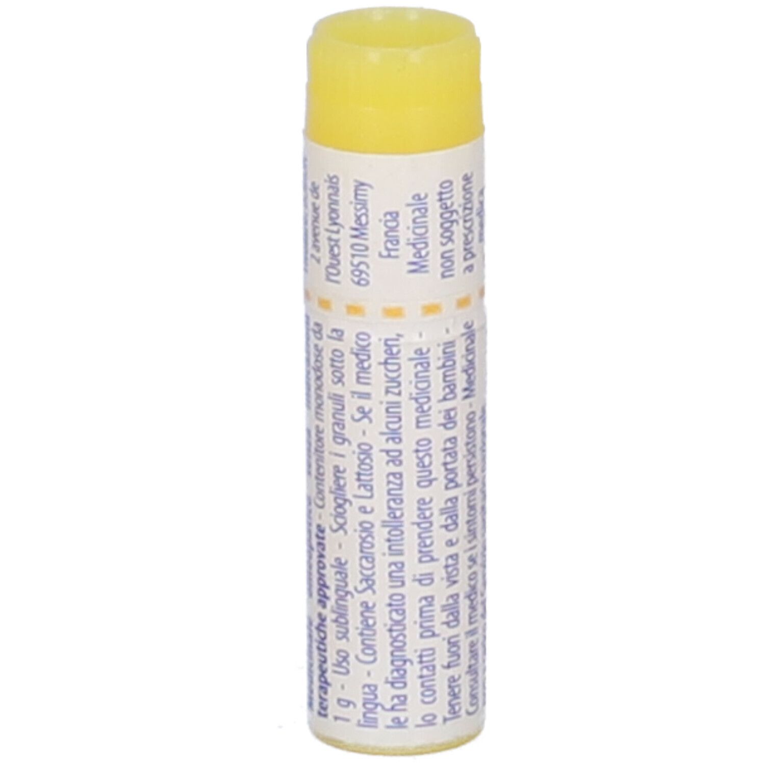 Confezione cilindrica con tappo giallo. Scritta: Argentum nitricum, 1 mk. Testo in francese.