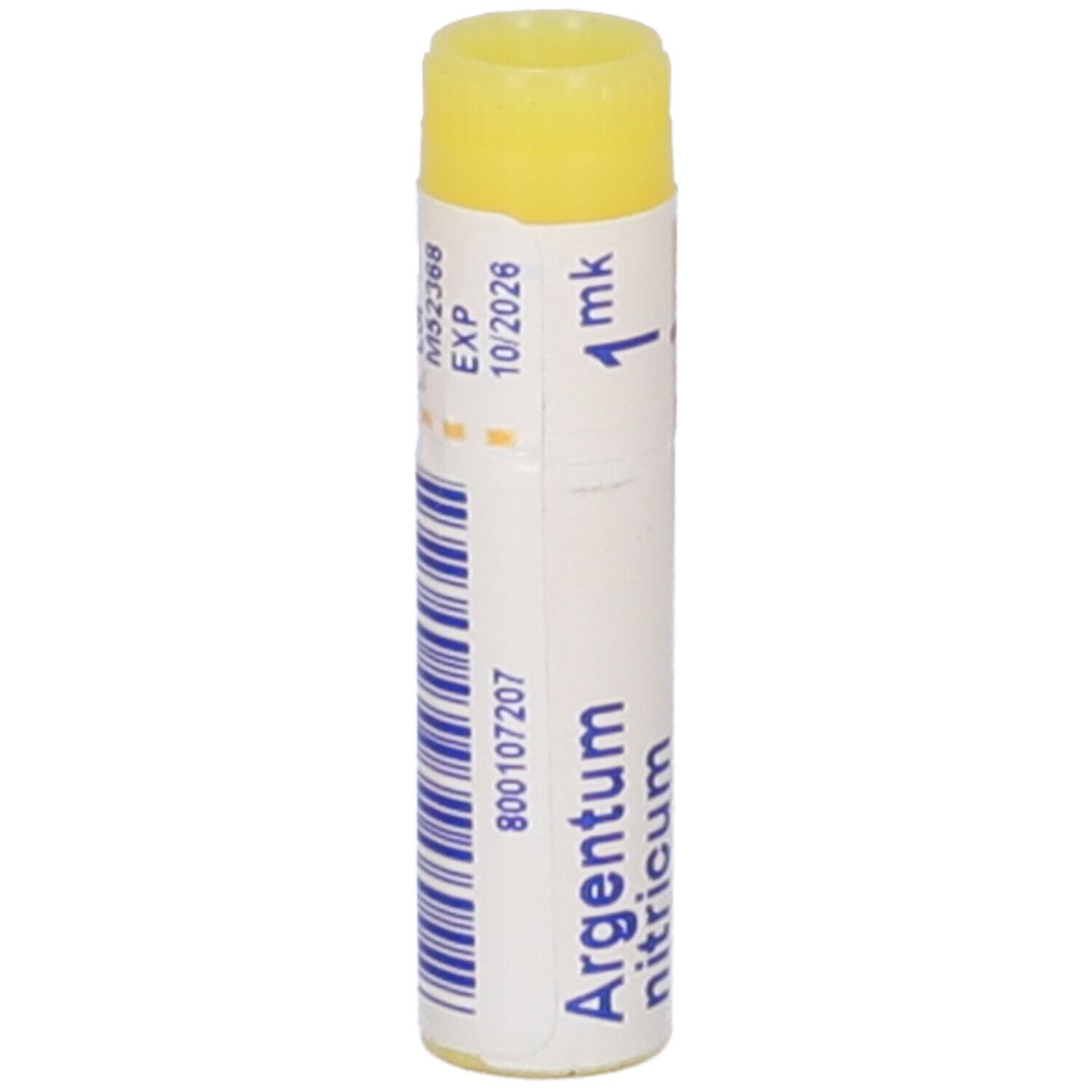 Confezione cilindrica con tappo giallo. Scritta: Argentum nitricum, 1 mk, EXP 10/2026.