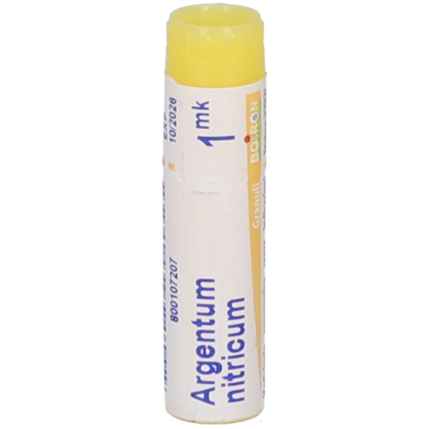Confezione cilindrica con tappo giallo. Scritta: Argentum nitricum, 1 mk, Granuli, BOIRON.