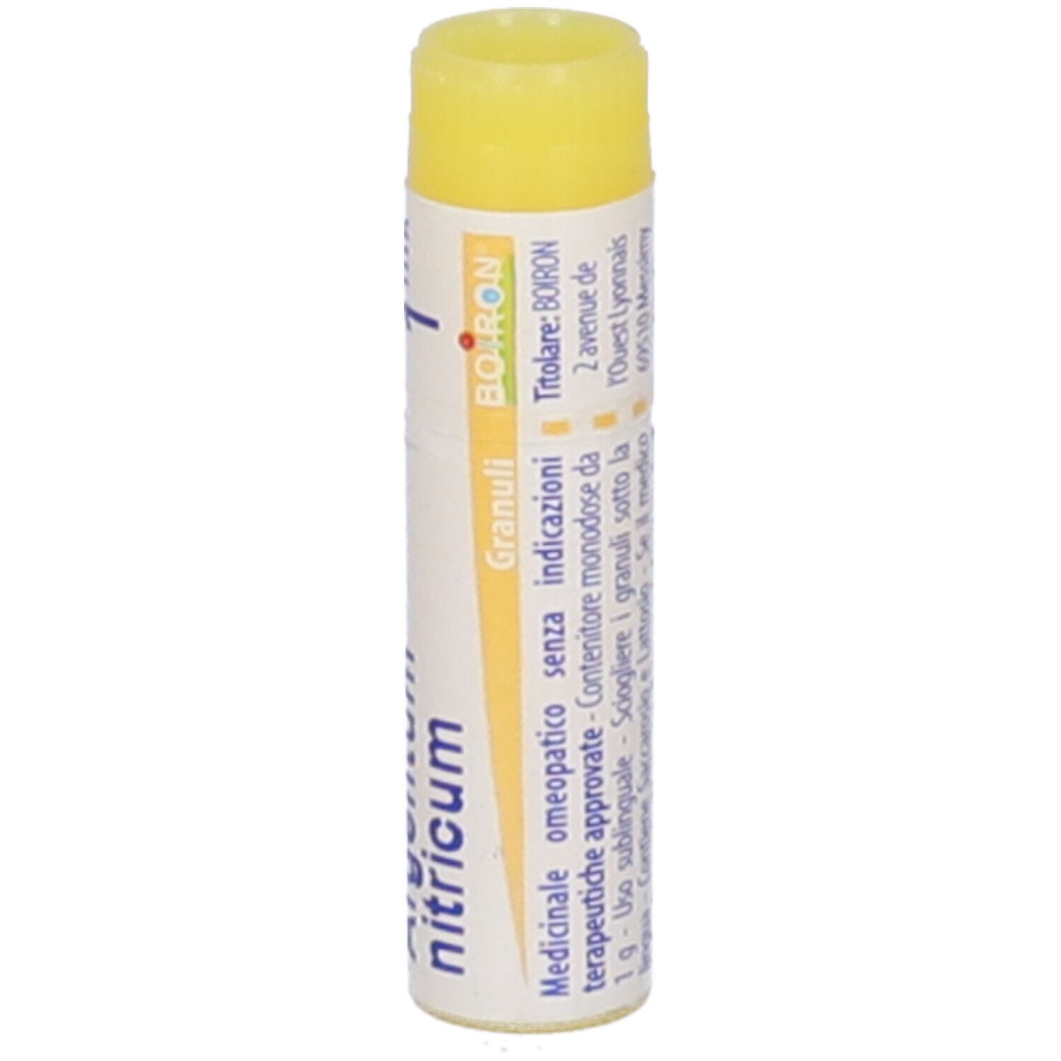 Confezione cilindrica con tappo giallo. Scritta: Argentum nitricum, 1 mk, BOIRON, Granuli. Testo in italiano.