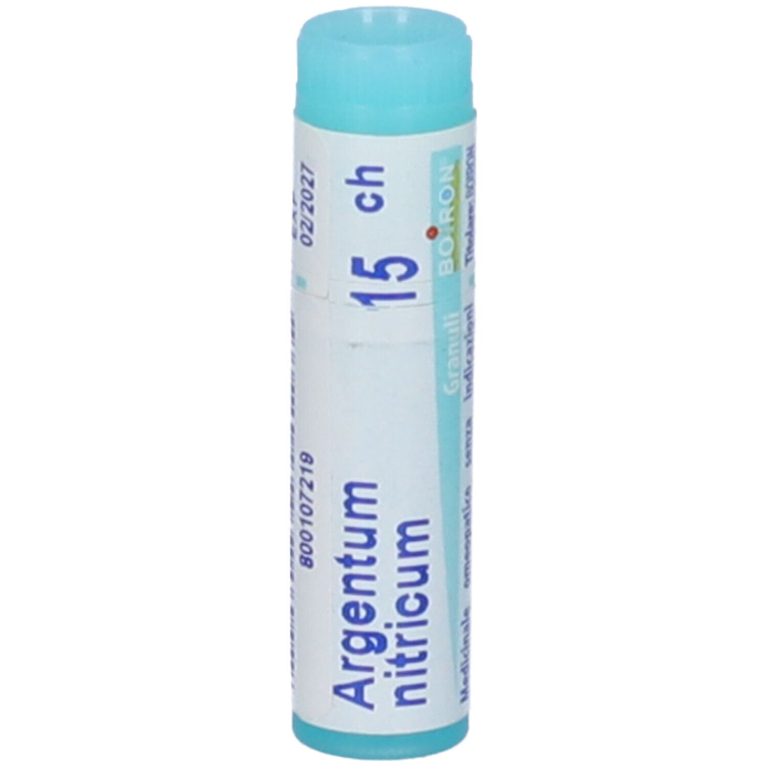 Confezione cilindrica con tappo blu. Scritta: Argentum nitricum 15 ch, 02/2027, Boiron.