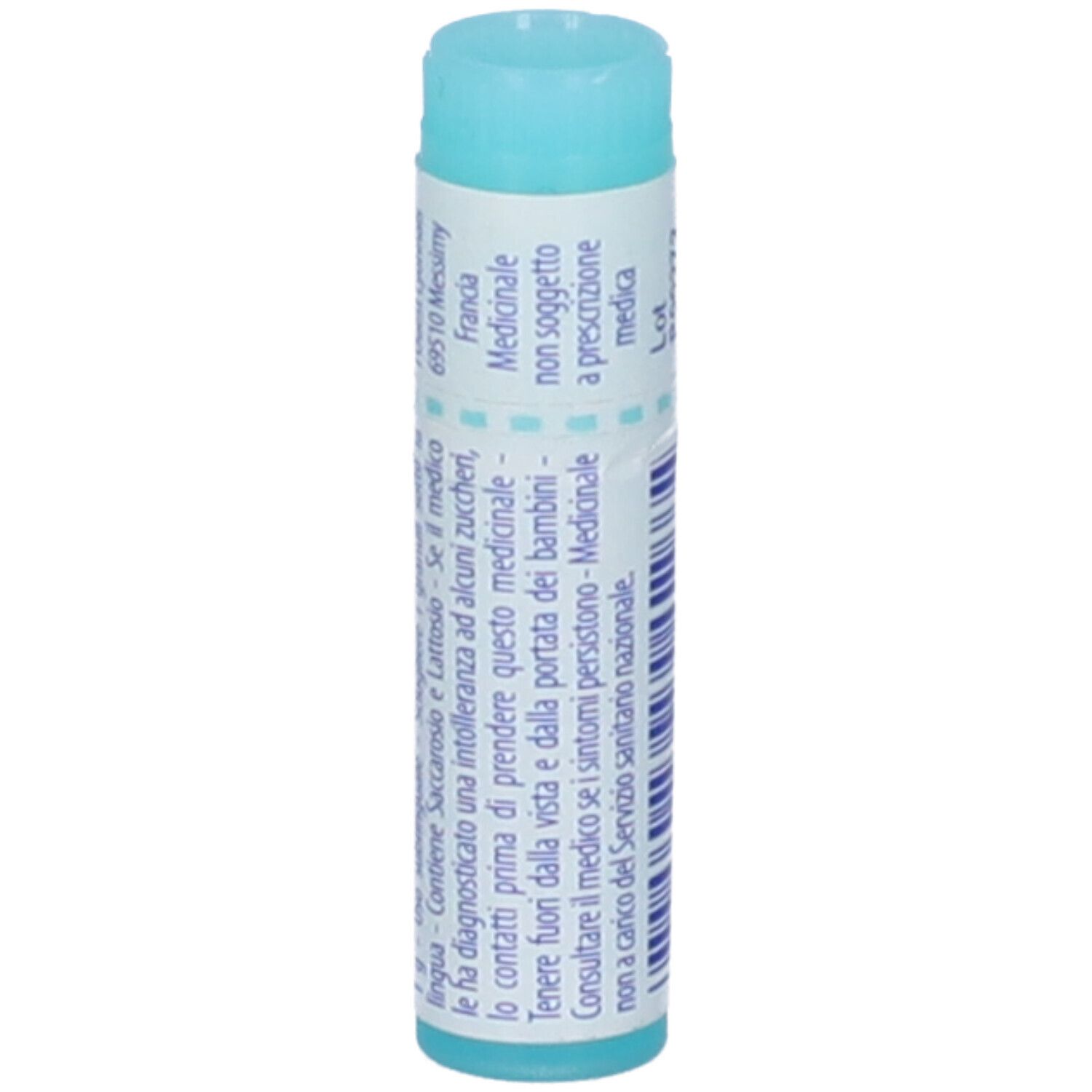 Confezione cilindrica con tappo blu. Scritta: Argentum nitricum, Boiron, Medicinale.