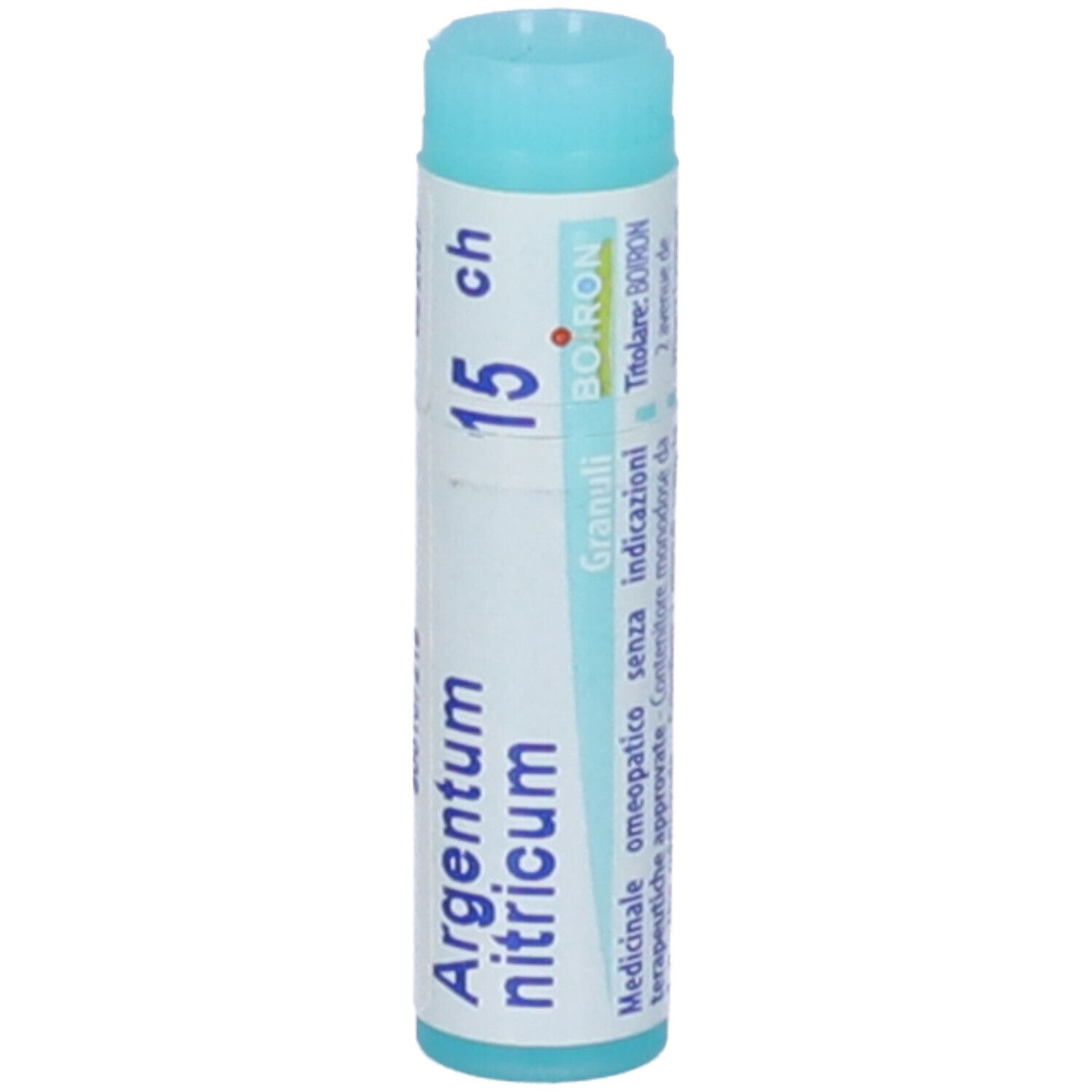 Confezione cilindrica con tappo blu. Scritta: Argentum nitricum 15 ch, Boiron, Granuli.