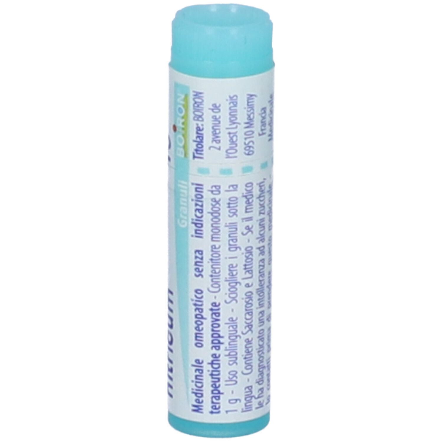Confezione cilindrica con tappo blu. Scritta: Argentum nitricum, Boiron, Medicinale.