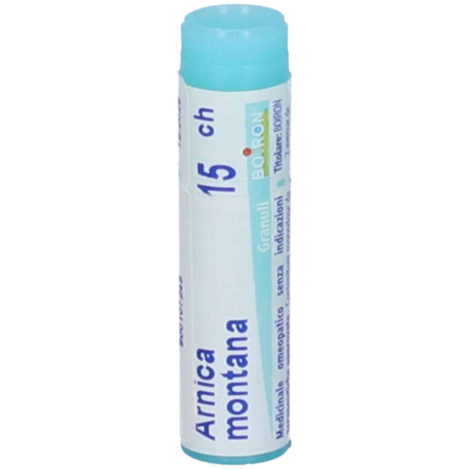 Tubo cilindrico, tappo blu. Scritta: Arnica montana, 15 ch, Granuli. BOIRON.