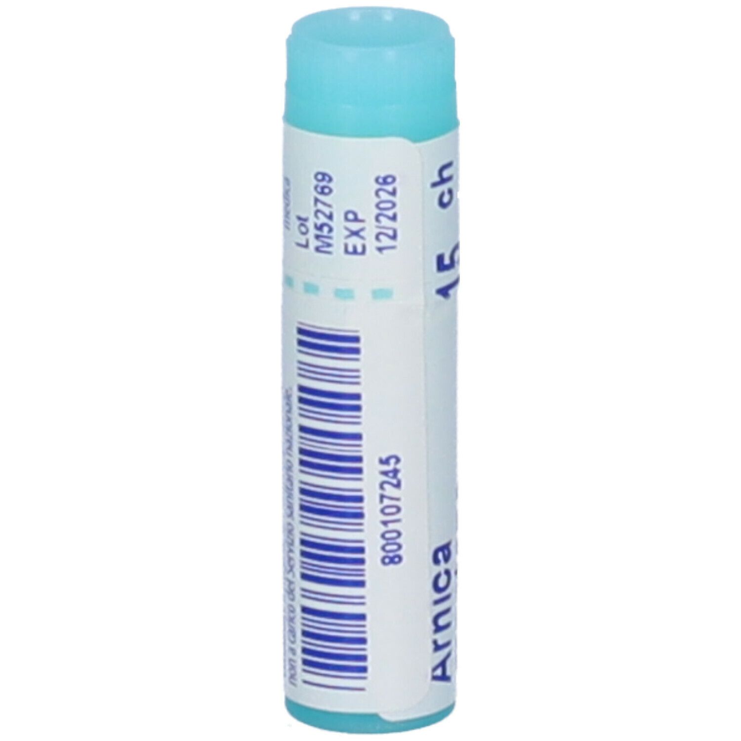 Tubo cilindrico con tappo blu. Scritta: Arnica, 15 ch, Lot, EXP.
