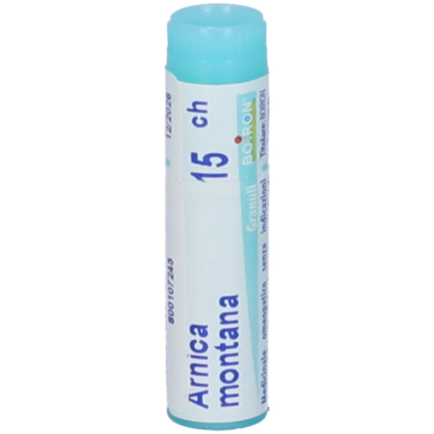 Tubo cilindrico con tappo blu. Scritta: Arnica montana, 15 ch, 12/2026.