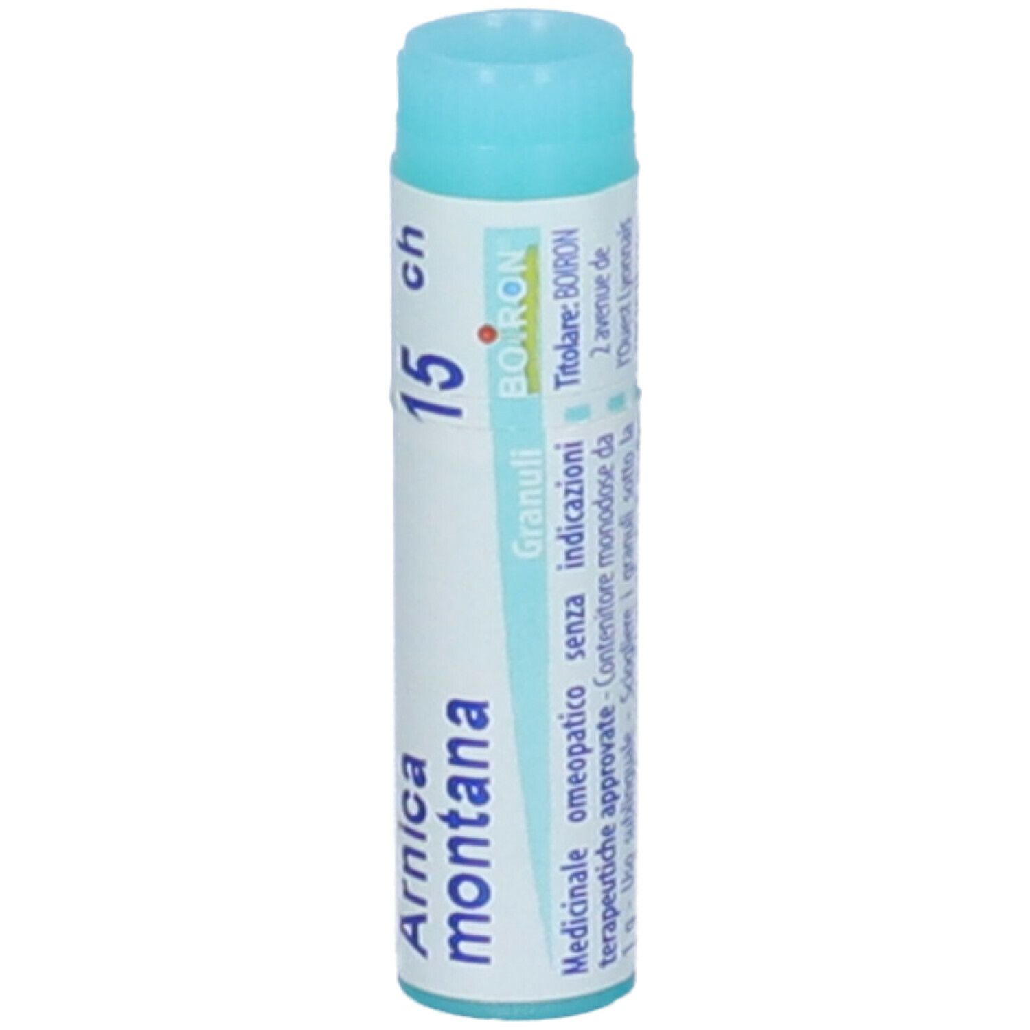 Tubo cilindrico con tappo blu. Scritta: Arnica montana, 15 ch, Granuli, BOIRON.