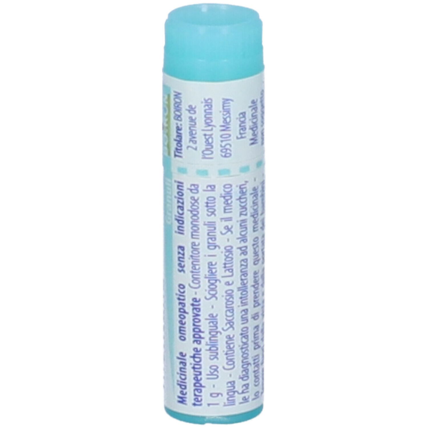 Tubo cilindrico con tappo blu. Scritta: Arnica montana, 15 ch, Granuli, BOIRON.