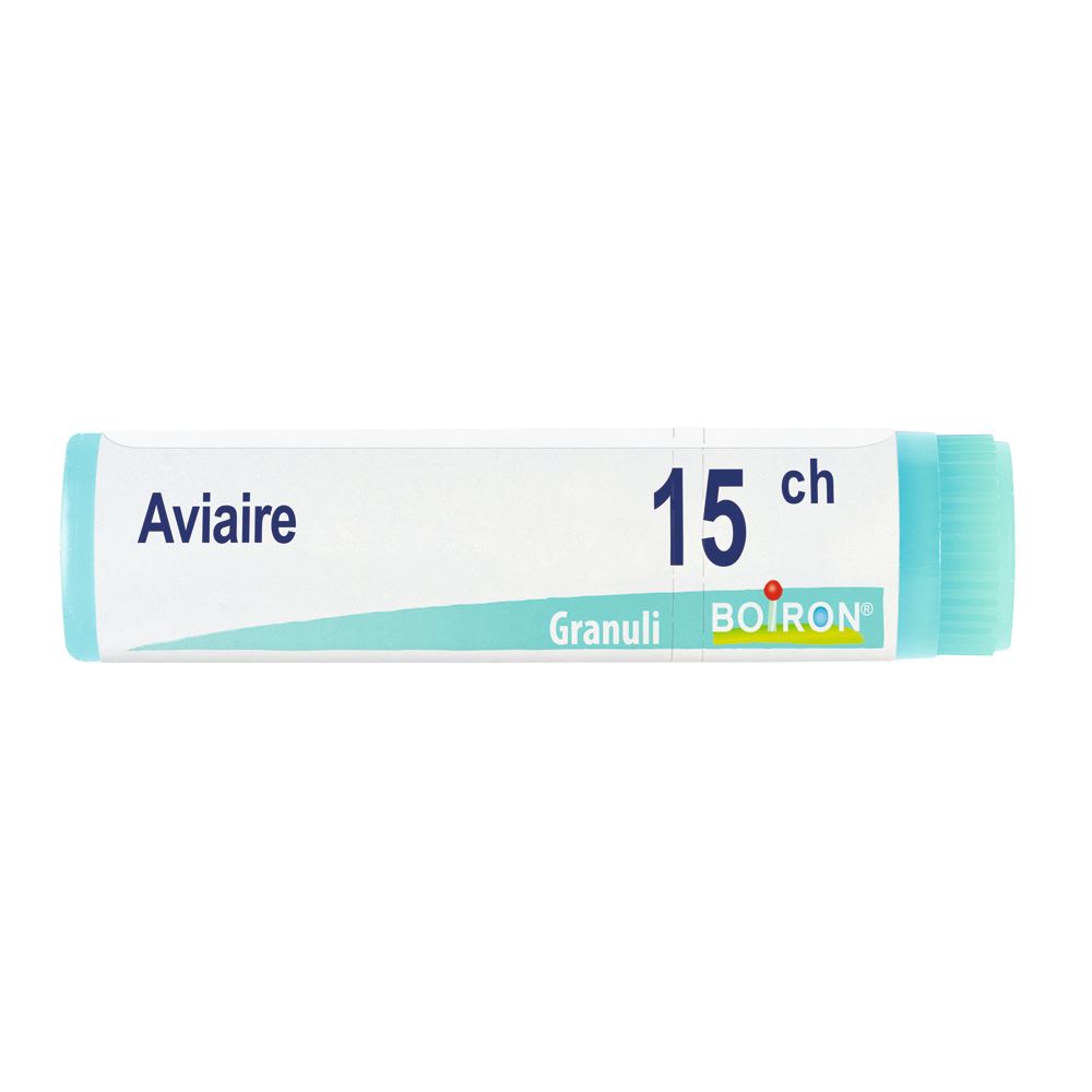 Confezione cilindrica. Scritte: Aviaire, 15 ch, Granuli, BOIRON. Colori: turchese e bianco.