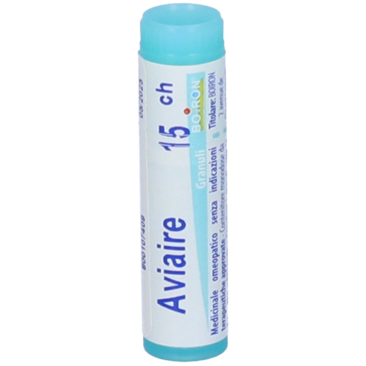 Confezione cilindrica. Scritte: Aviaire, 15 ch, Granuli. Colori: turchese e bianco. Tappo blu.
