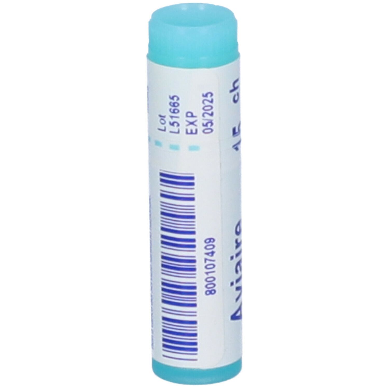 Confezione cilindrica. Scritte: Aviaire, 15 ch. Colori: turchese e bianco. Tappo blu. Codice a barre.