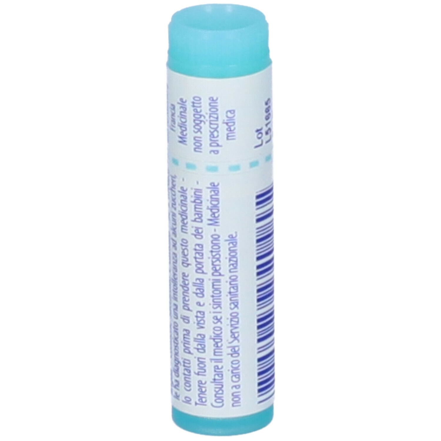 Confezione cilindrica. Scritte: Aviaire, 15 ch. Colori: turchese e bianco. Tappo blu. Testo.