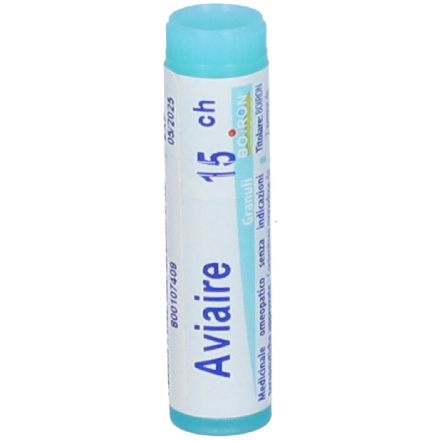 Confezione cilindrica. Scritte: Aviaire, 15 ch. Colori: turchese e bianco. Tappo blu. Scadenza.