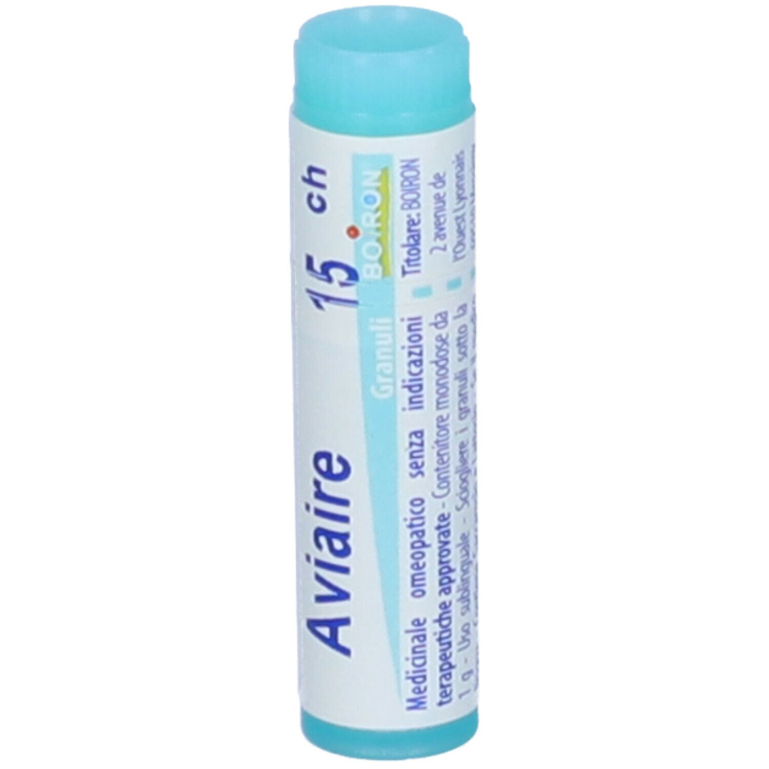 Confezione cilindrica. Scritte: Aviaire, 15 ch, Granuli. Colori: turchese e bianco. Tappo blu.