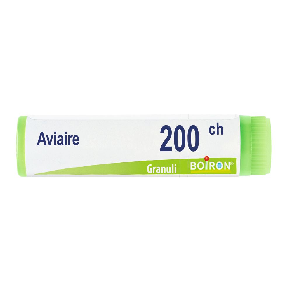 Confezione cilindrica con estremità verdi. Scritta: Aviaire, 200 ch, Granuli, BOIRON.