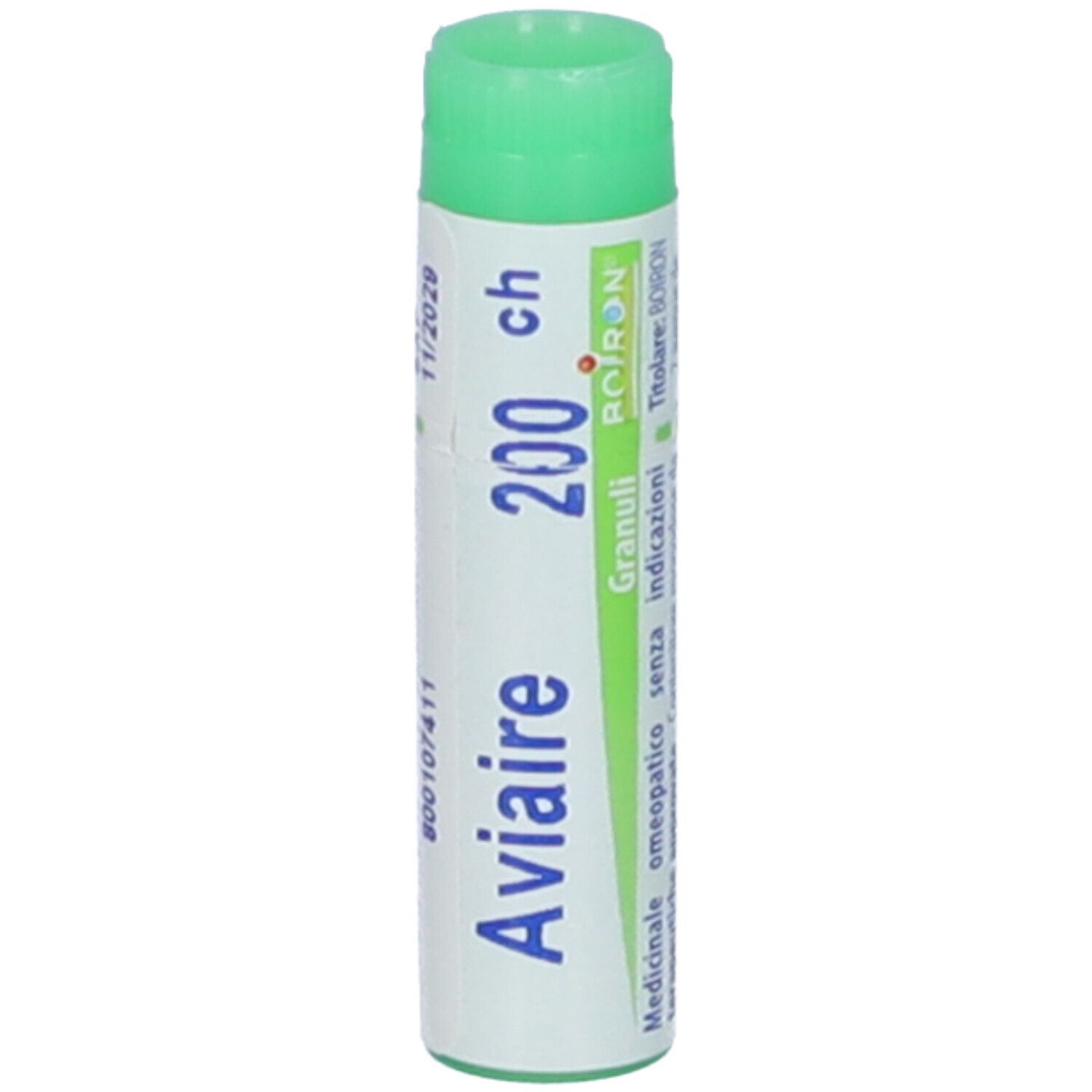 Confezione cilindrica con tappo verde. Scritta: Aviaire, 200 ch, Granuli. Data di scadenza.
