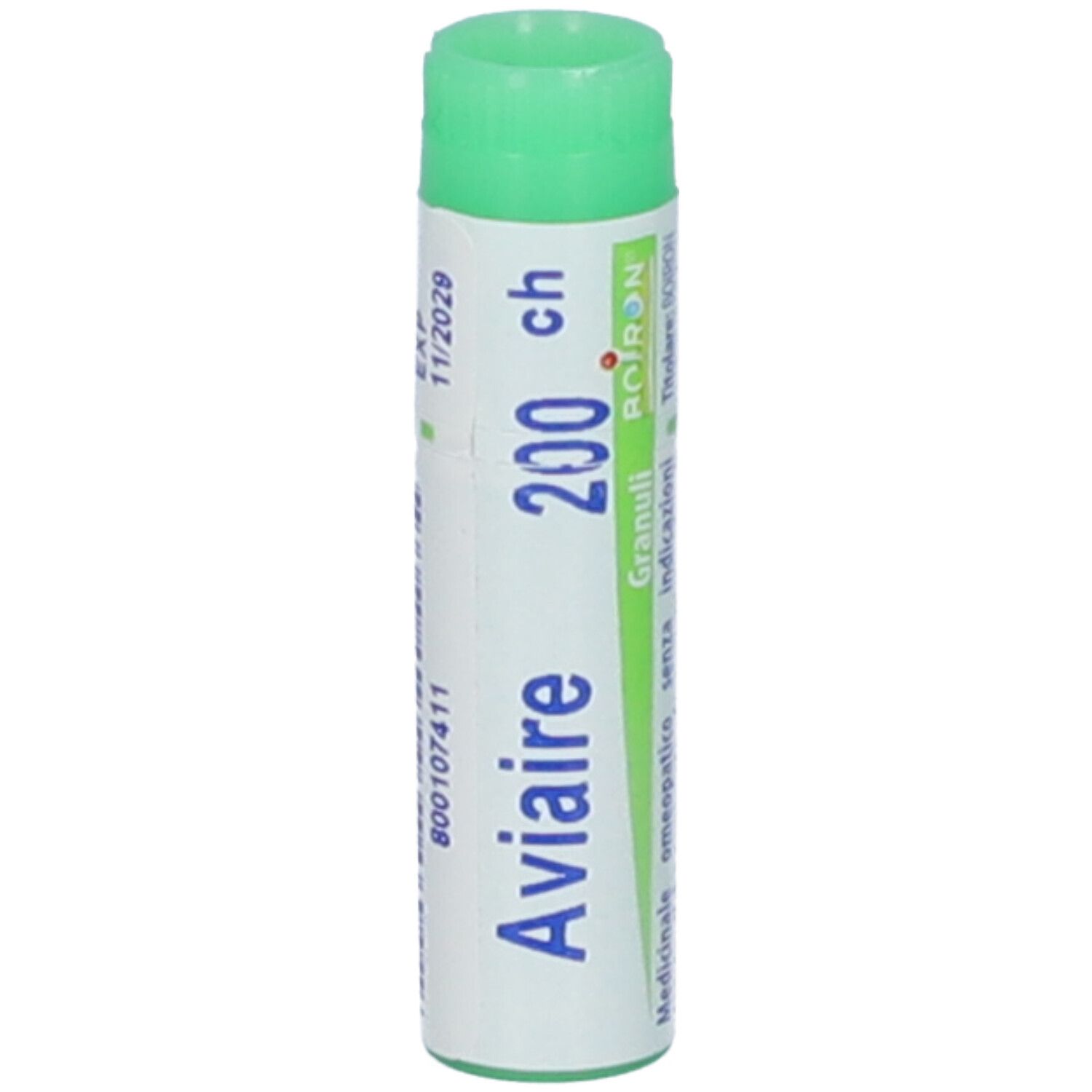 Confezione cilindrica con tappo verde. Scritta: Aviaire, 200 ch, Granuli. Testo in italiano.