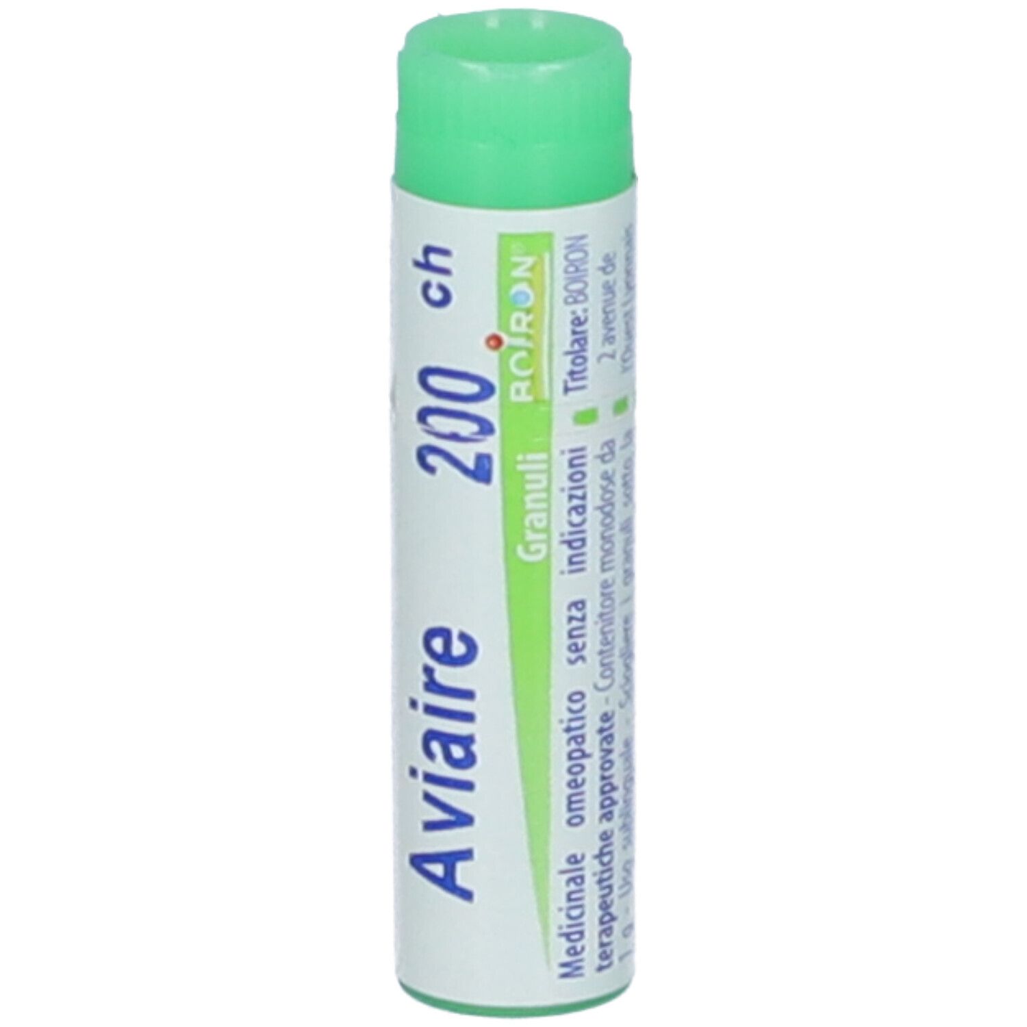 Confezione cilindrica con tappo verde. Scritta: Aviaire, 200 ch, Granuli. Testo in italiano.