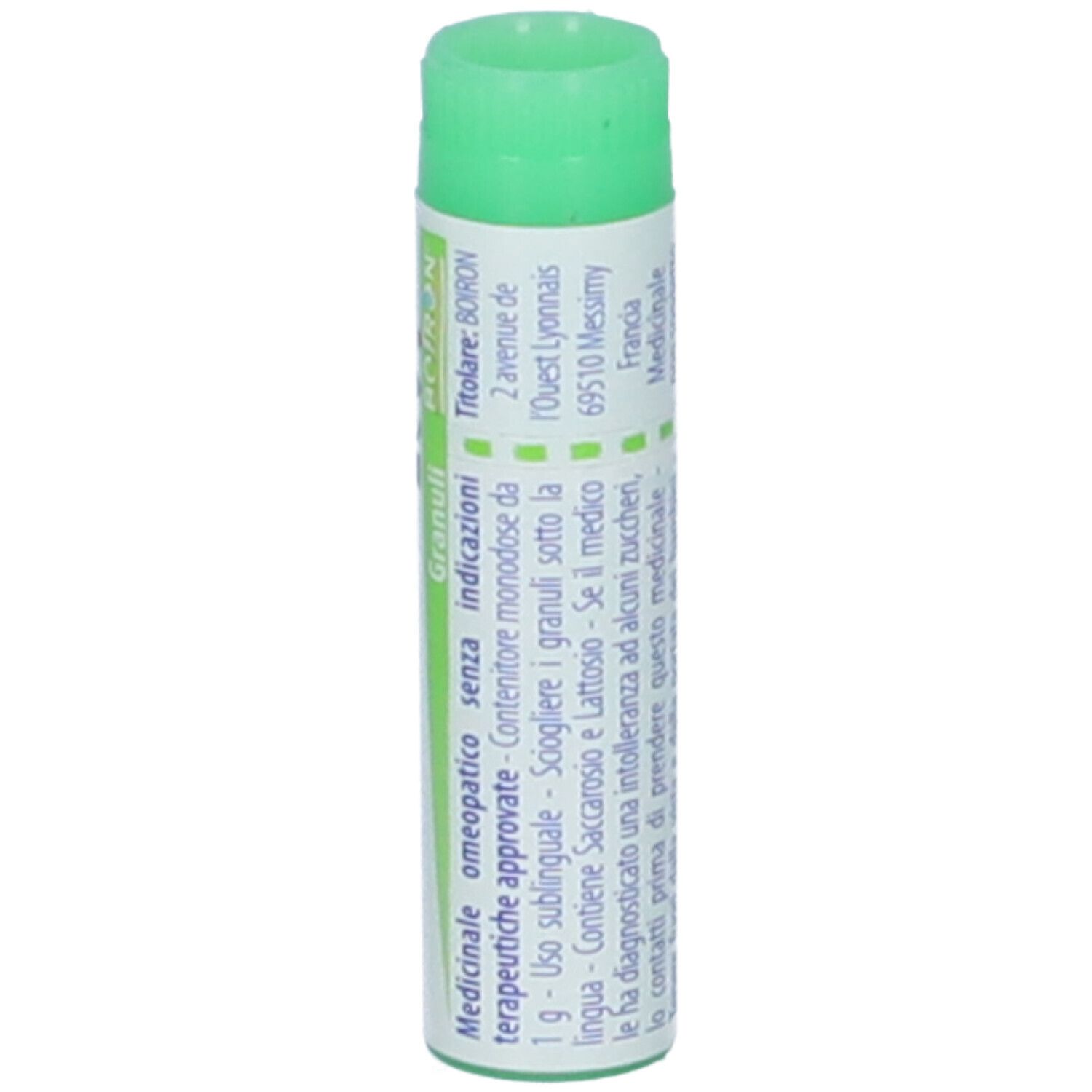 Confezione cilindrica con tappo verde. Scritta: Aviaire, 200 ch, Granuli. Testo in italiano.