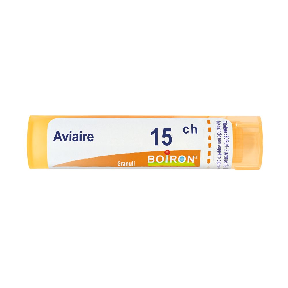 Tubo giallo con etichetta bianca. Scritte: Aviaire, 15 ch, Granuli, BOIRON. Stampe in francese e italiano.