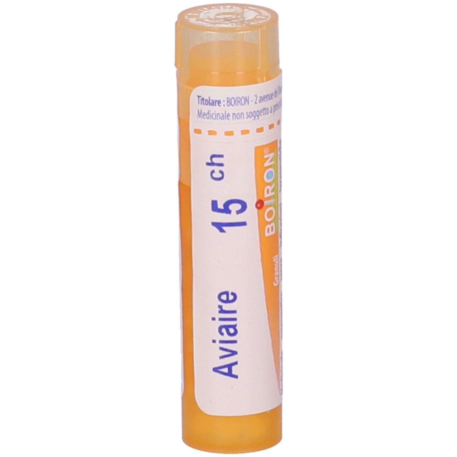 Tubo giallo verticale. Scritte: Aviaire, 15 ch, BOIRON, Granuli. Stampe in francese e italiano.