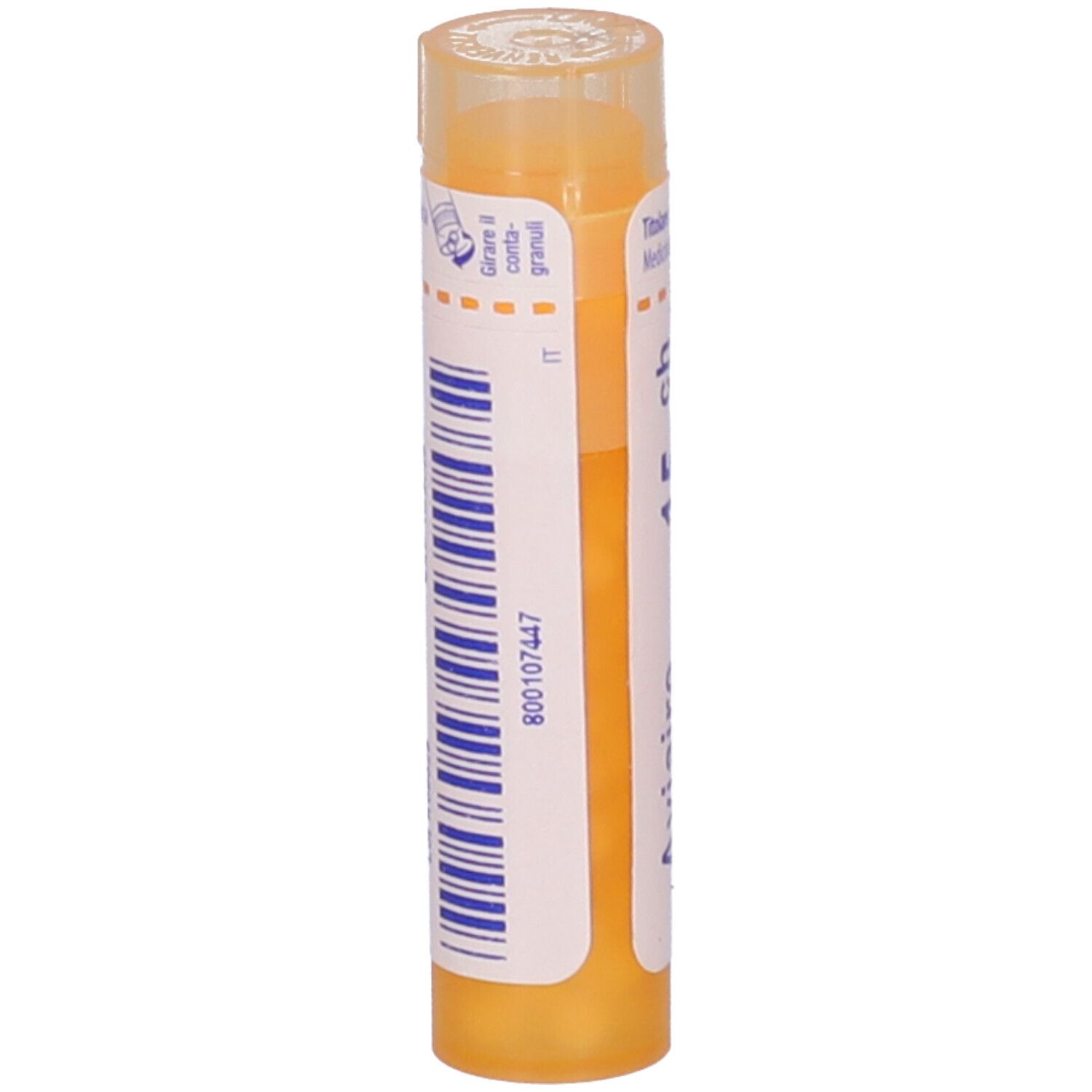 Tubo giallo verticale. Scritte: Aviaire, 15 ch, BOIRON, Granuli. Etichetta con codice a barre e altre informazioni.