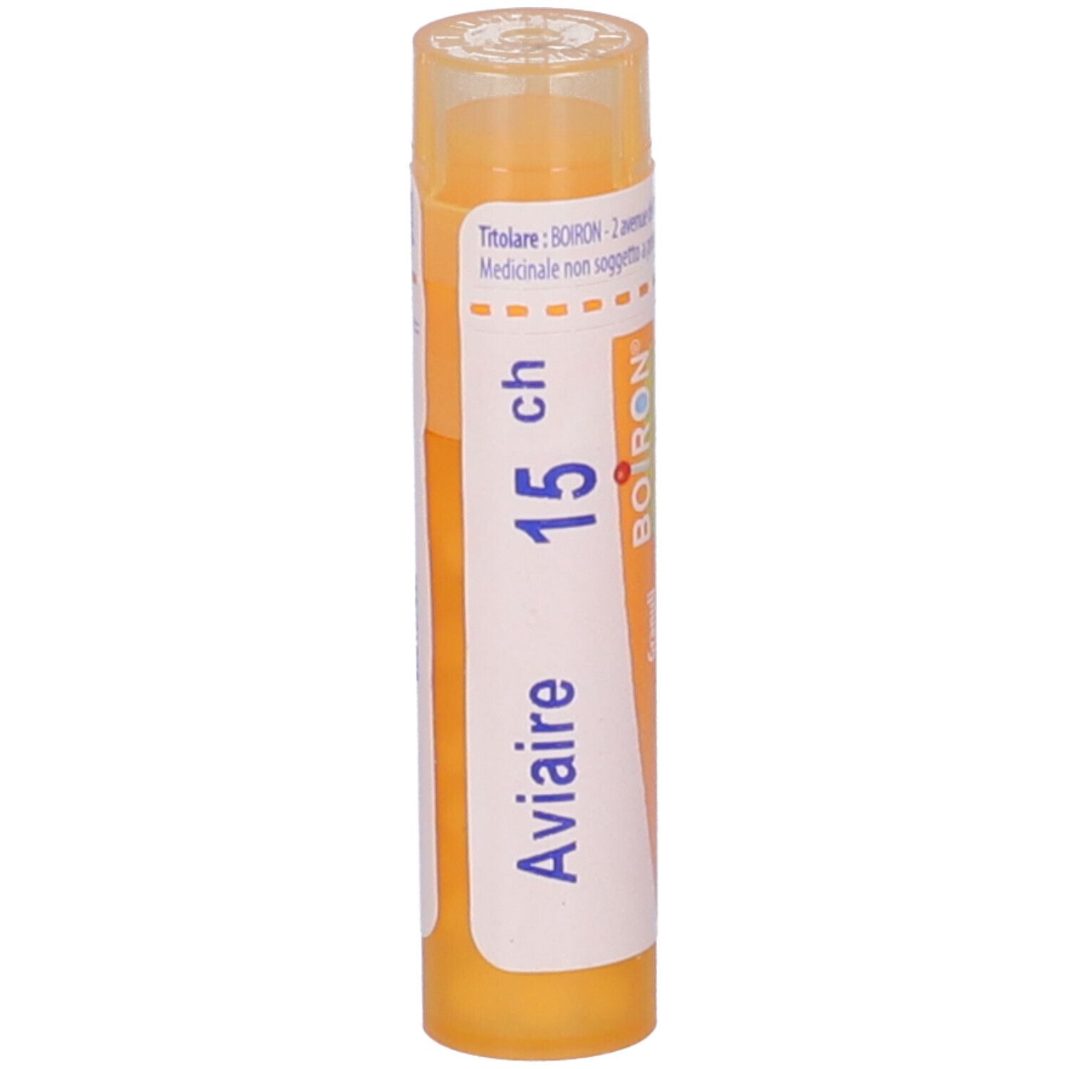 Tubo giallo verticale. Scritte: Aviaire, 15 ch, BOIRON, Granuli. Stampe in francese e italiano.