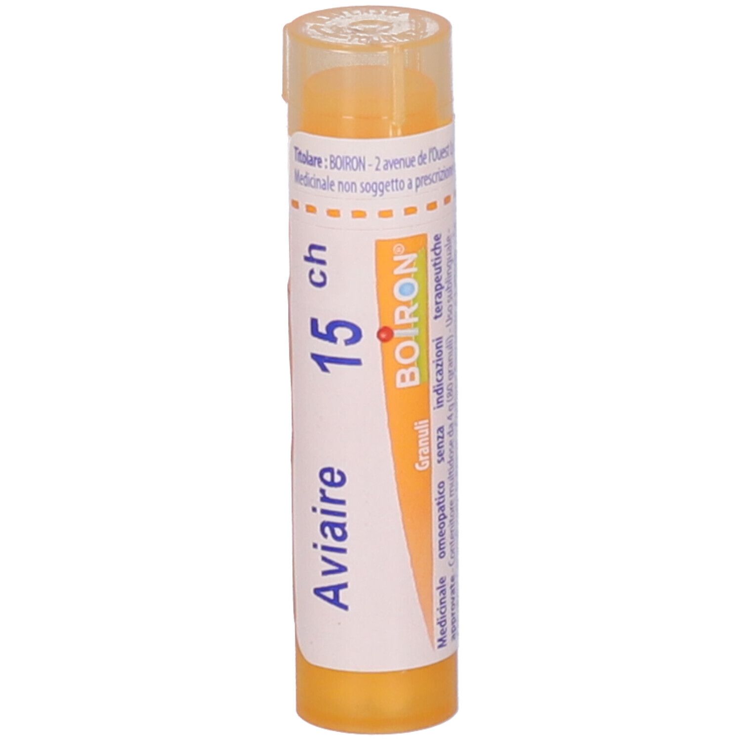 Tubo giallo verticale. Scritte: Aviaire, 15 ch, BOIRON, Granuli. Stampe in francese e italiano.