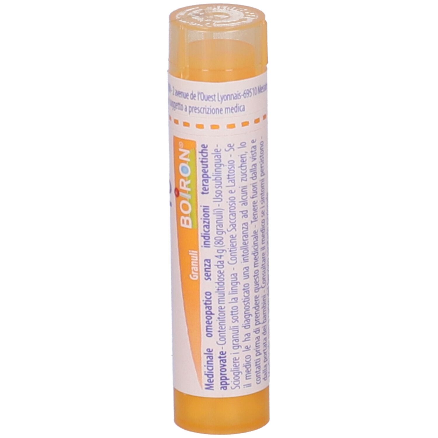 Tubo giallo verticale. Scritte: Aviaire, 15 ch, BOIRON, Granuli. Stampe in francese e italiano.