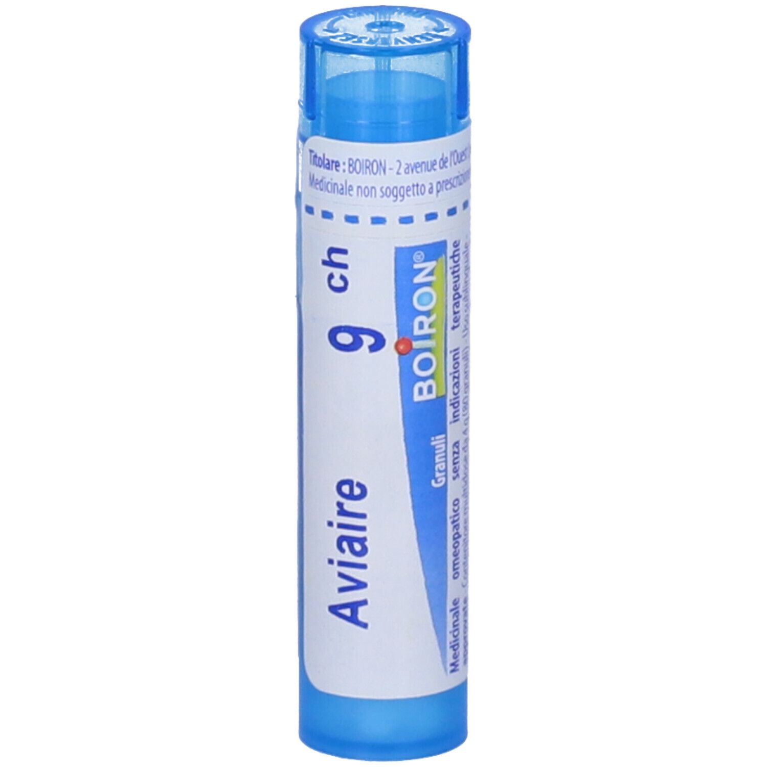 Tubo cilindrico blu. Scritta: Aviaire, 9 ch, BOIRON. Tappo blu in alto.