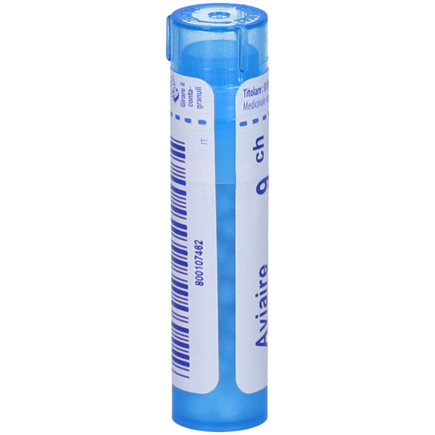 Tubo cilindrico blu. Scritta: Aviaire, 9 ch. Tappo blu in alto.