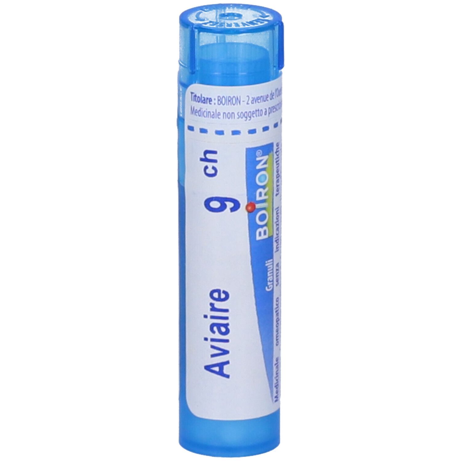 Tubo cilindrico blu. Scritta: Aviaire, 9 ch, BOIRON. Punto rosso.