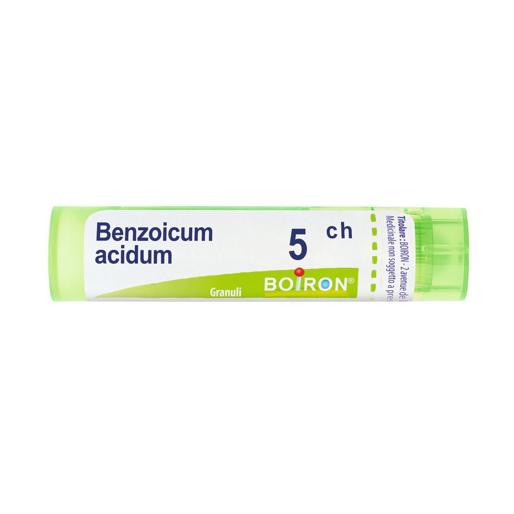 Tubetto verde con granuli bianchi. Scritta: Benzoicum acidum 5 ch, BOIRON. Granuli.