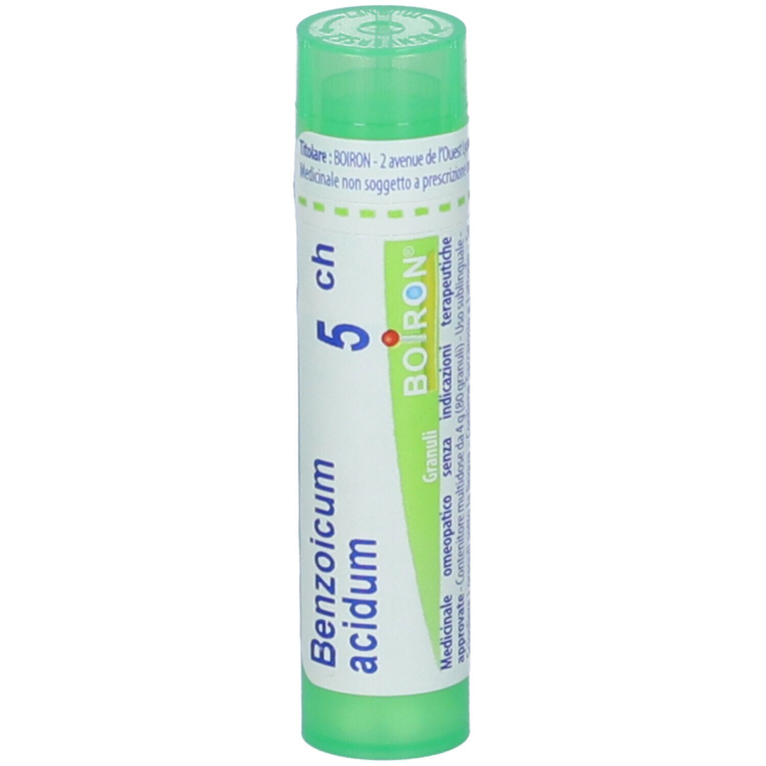 Tubetto verde con granuli bianchi. Scritta: Benzoicum acidum 5 ch, BOIRON. Granuli.