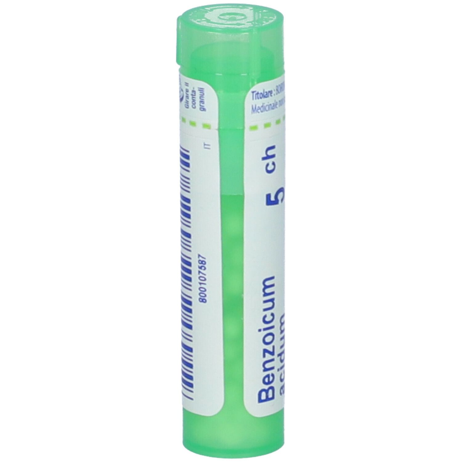 Tubetto verde con granuli bianchi. Scritta: Benzoicum acidum 5 ch, BOIRON. Codice a barre.