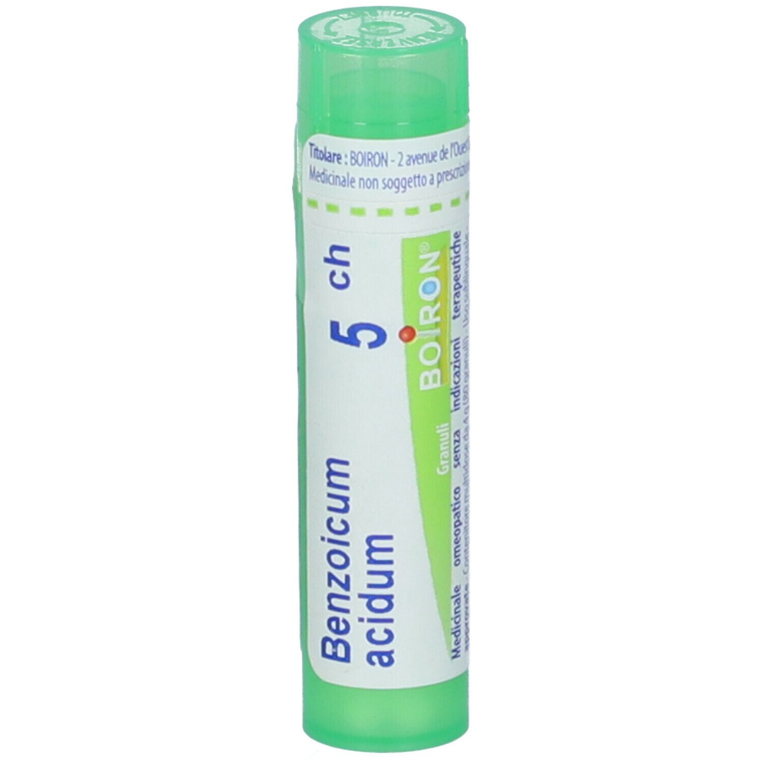 Tubetto verde con granuli bianchi. Scritta: Benzoicum acidum 5 ch, BOIRON. Granuli.