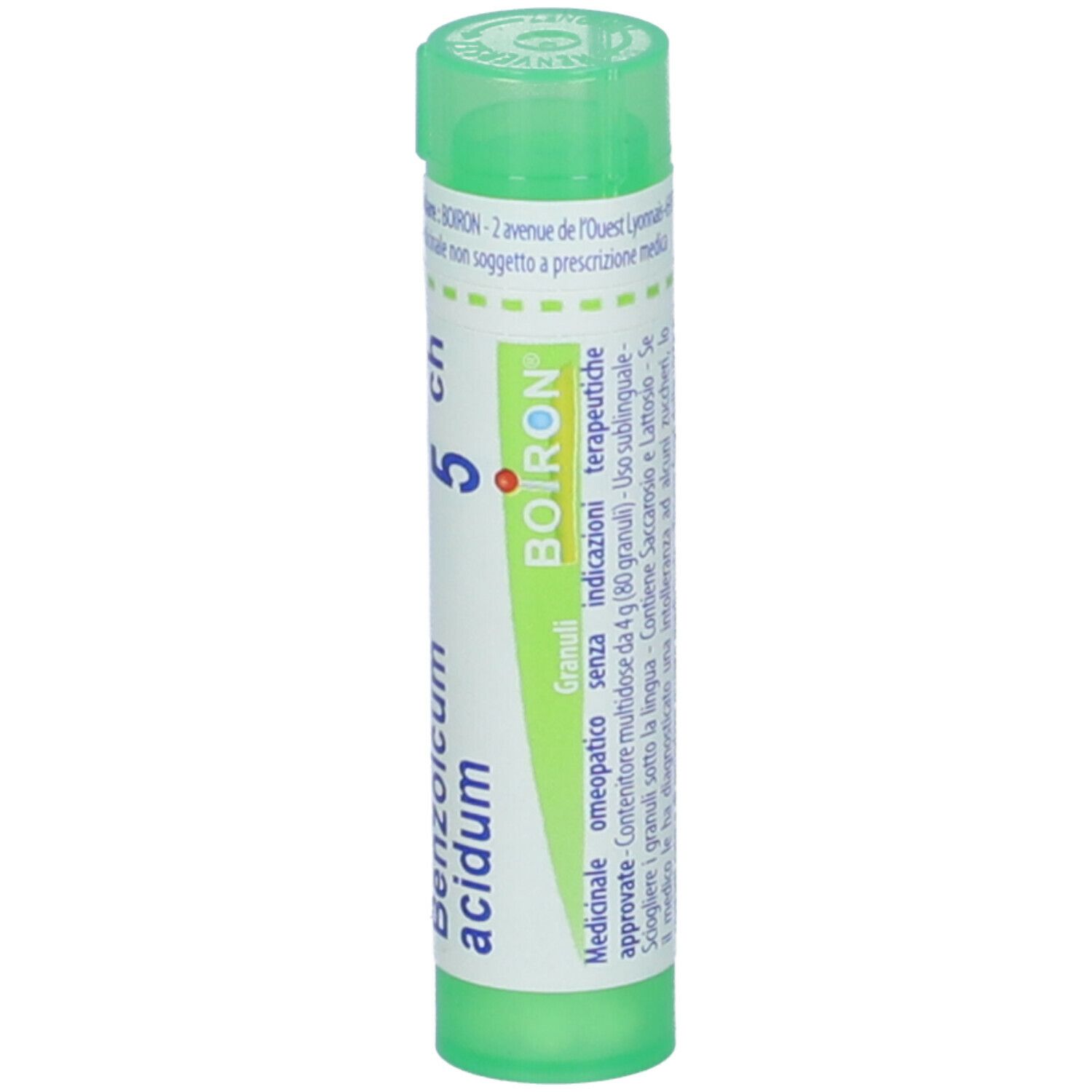 Tubetto verde con granuli bianchi. Scritta: Benzoicum acidum 5 ch, BOIRON. Granuli.