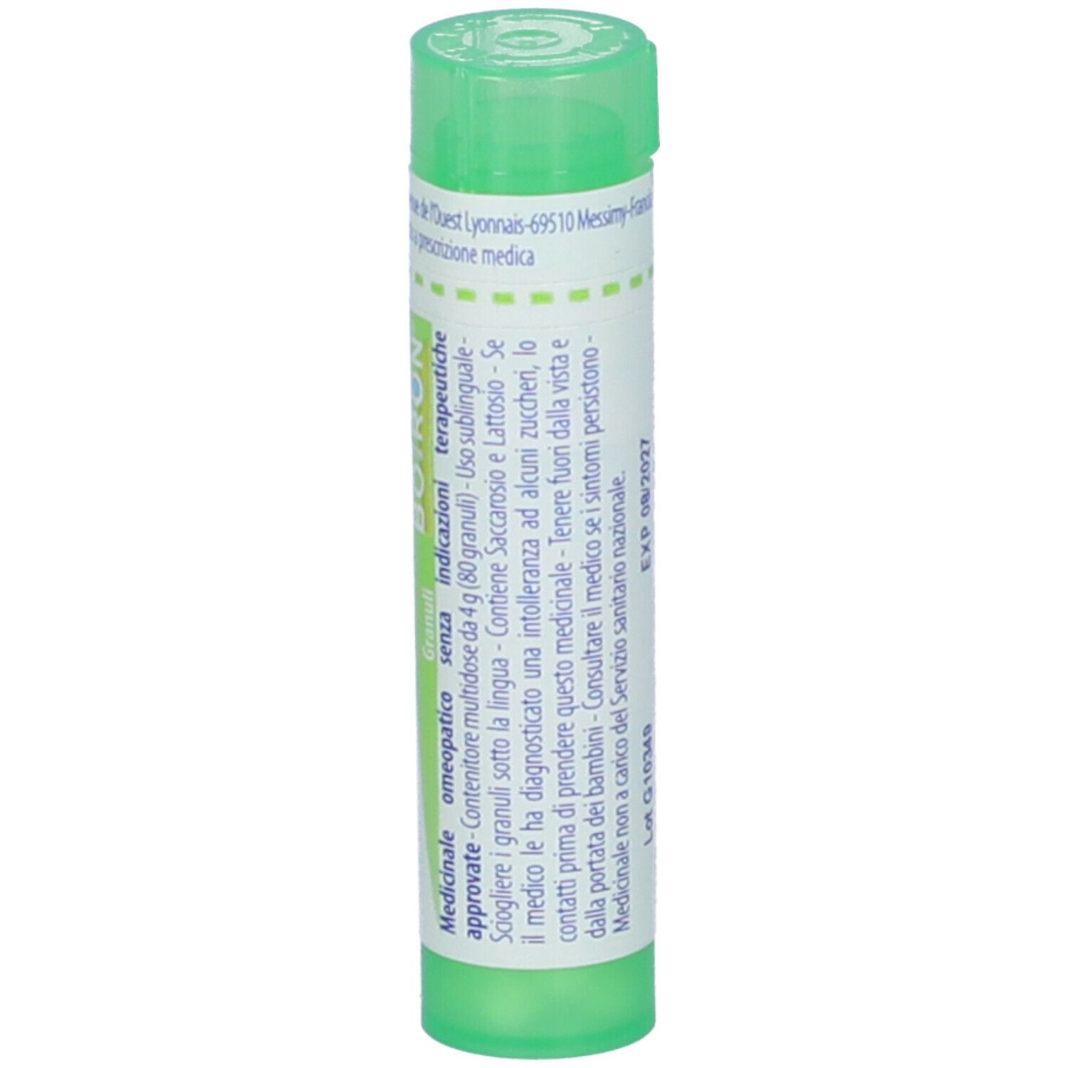 Tubetto verde con granuli bianchi. Scritta: Benzoicum acidum 5 ch, BOIRON. Granuli.
