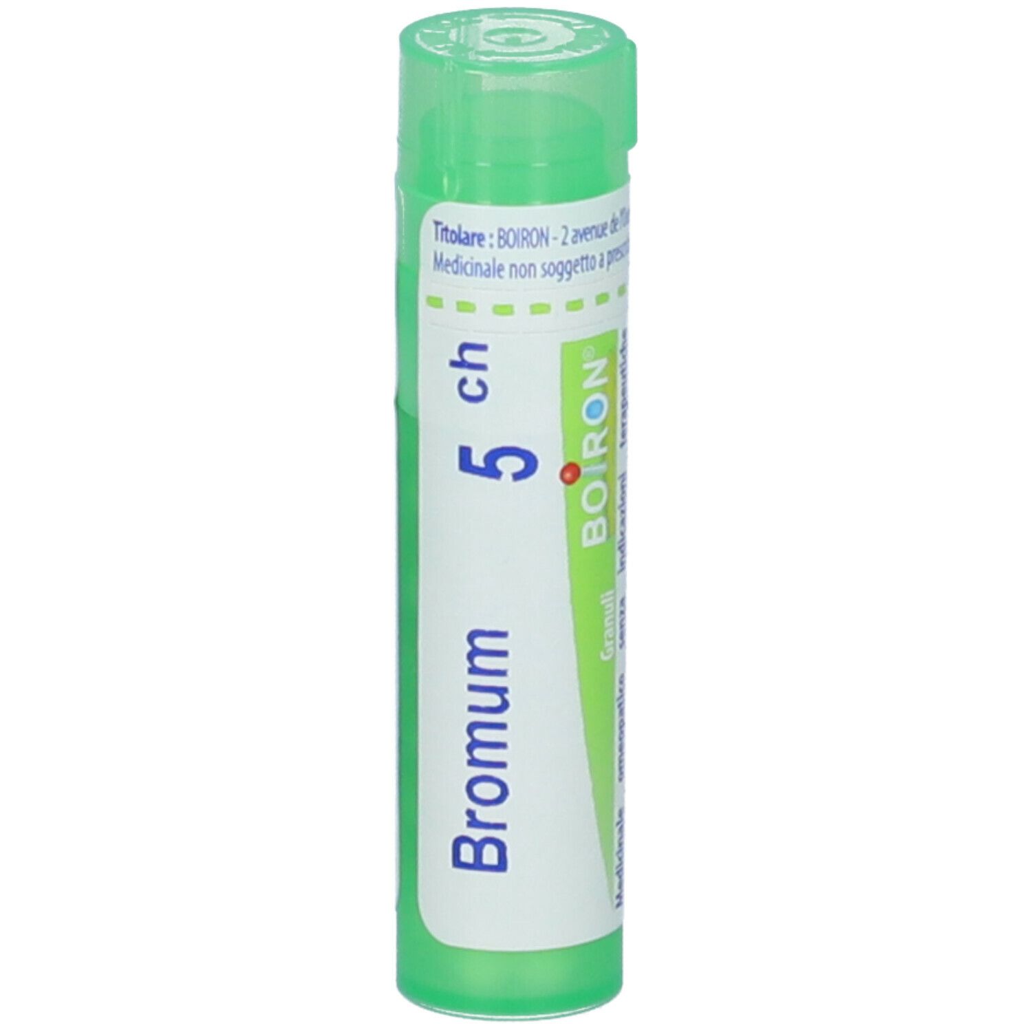 Tubo verde con etichetta bianca. Scritta: Bromum 5 ch, Boiron. Granuli.