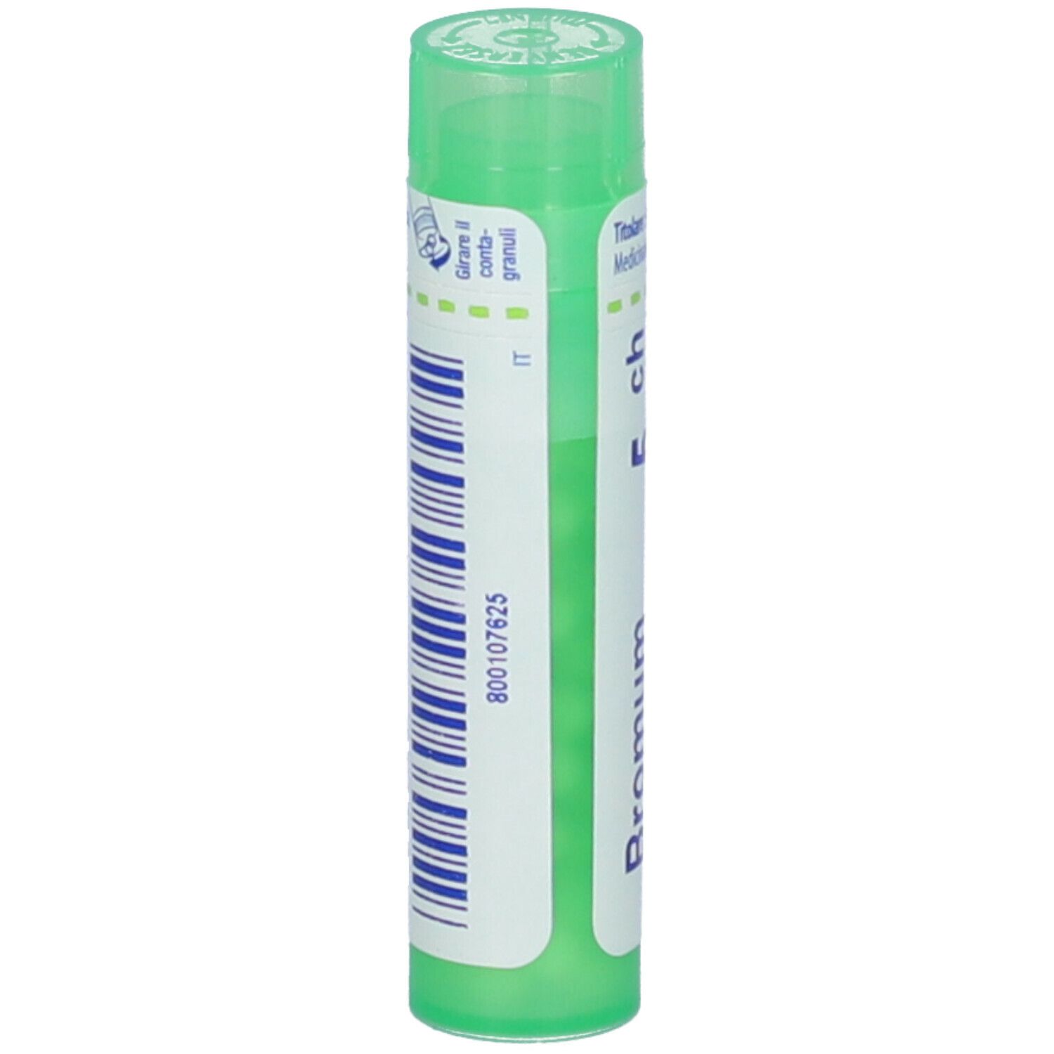 Tubo verde con codice a barre ed etichetta bianca. Scritta: Bromum 5 ch, Boiron.