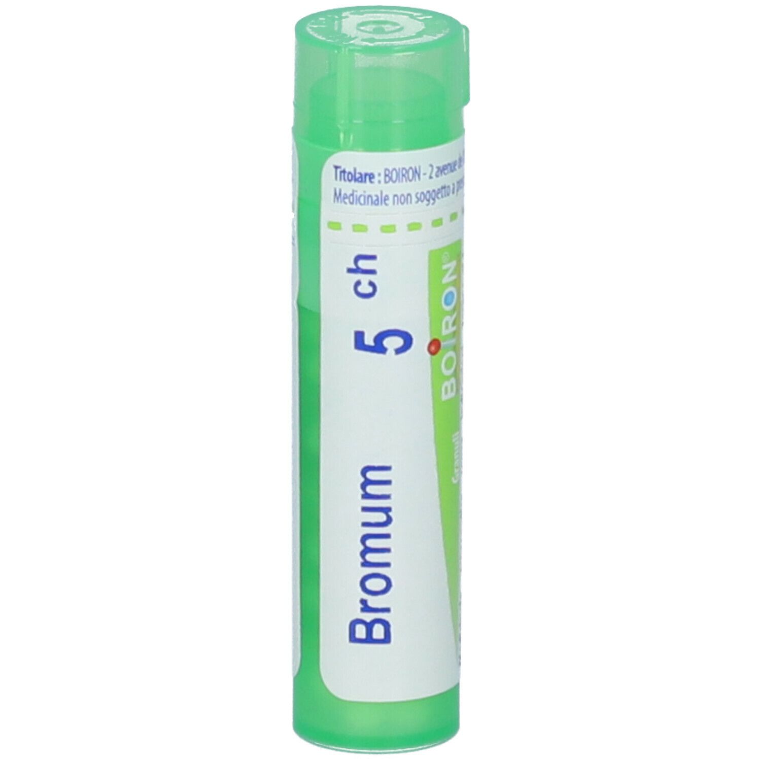 Tubo verde con etichetta bianca. Scritta: Bromum 5 ch, Boiron. Granuli.